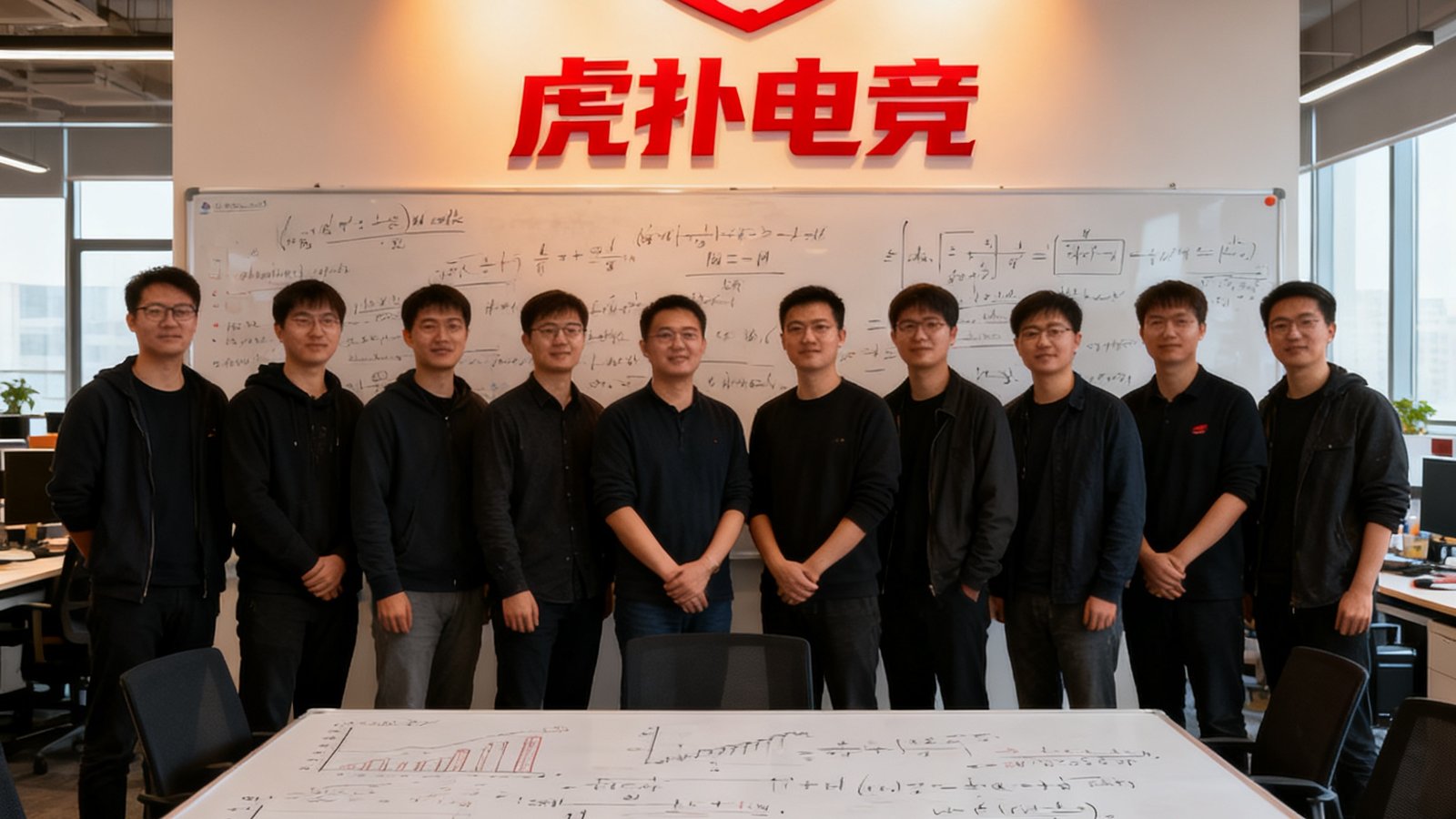 虎扑电竞核心团队在开放式办公室内合影，十二位成员身着深色便装站在写满数据公式的白板前，背景墙上的红色虎扑电竞标志在暖光下格外醒目
