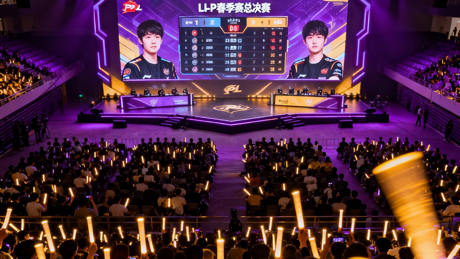 俯拍视角展现LPL春季赛总决赛现场，数千名观众在暗紫色灯光下挥舞荧光棒，舞台中央巨型LED屏幕显示两队实时比分与选手数据面板