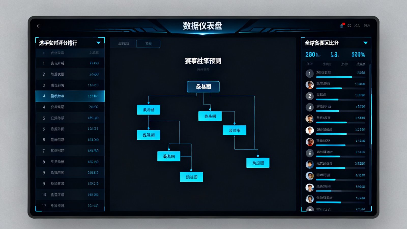 深色主题的数据仪表盘界面，左侧显示选手实时评分排行，中央是赛事胜率预测的桑基图，右侧滚动更新全球各赛区比分